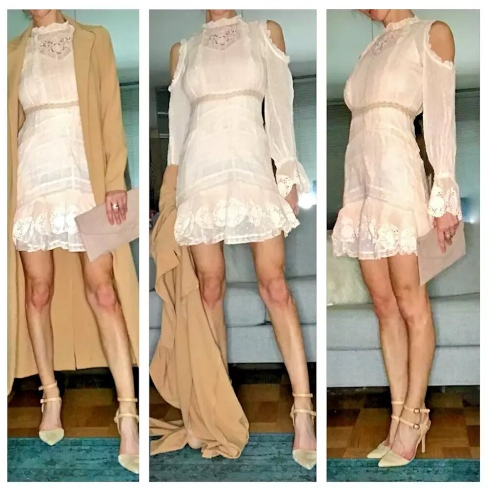 Love Sam Revolve Fil de Coup Ivory Lace Long Sleeve Cold Shoulder Dress XS